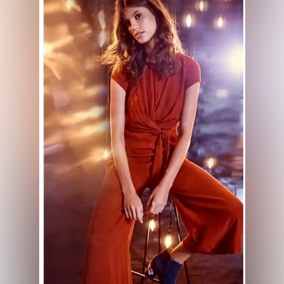 New Maeve Women's scoop neck casual belted wide leg red cap sleeve jumpsuit Sz 0 - Picture 1 of 9